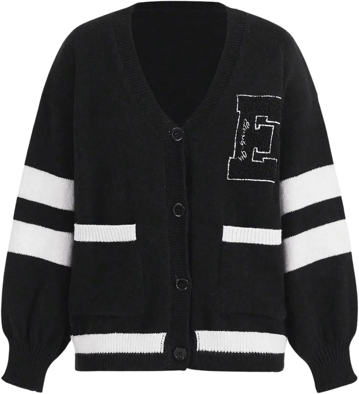 MakeMeChic Women's Letter Graphic V Neck Button Down Long Sleeve Sweater Oversized Striped Knit Cardigan