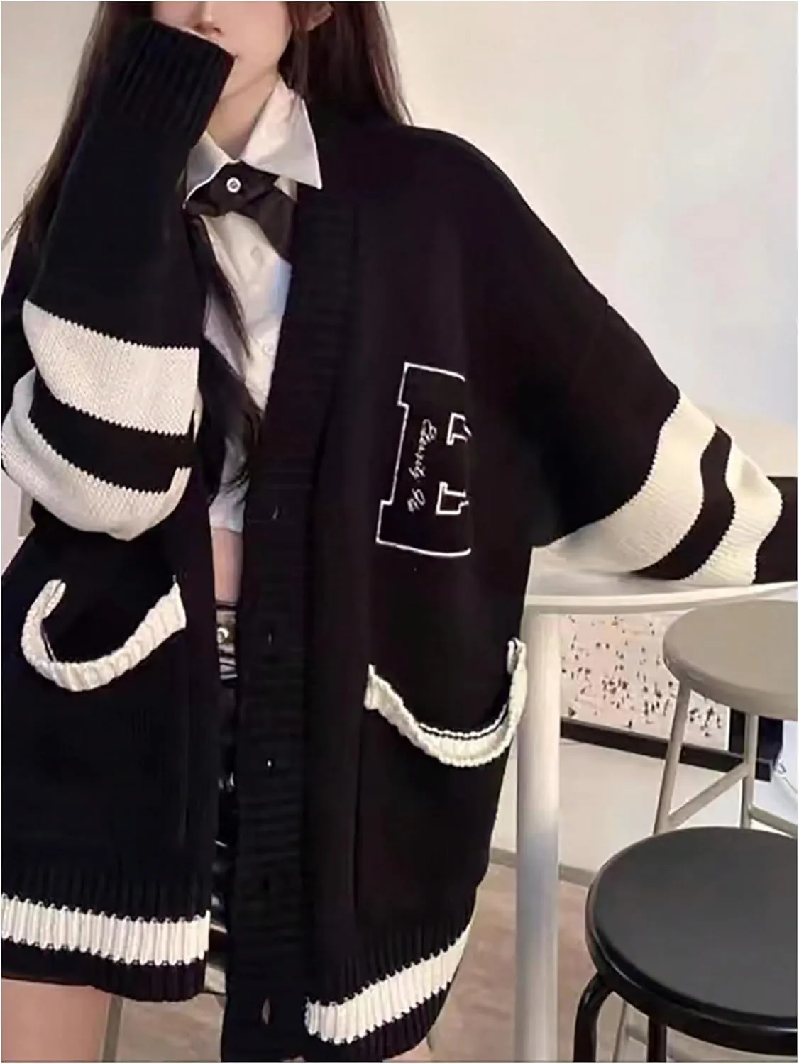 MakeMeChic Women's Letter Graphic V Neck Button Down Long Sleeve Sweater Oversized Striped Knit Cardigan