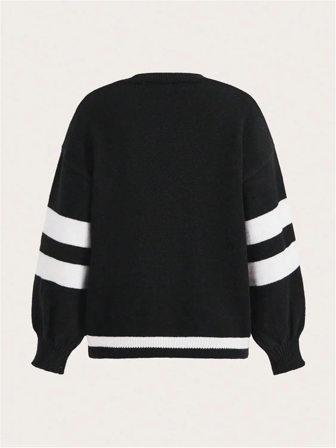 MakeMeChic Women's Letter Graphic V Neck Button Down Long Sleeve Sweater Oversized Striped Knit Cardigan