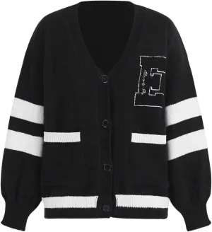 MakeMeChic Women's Letter Graphic V Neck Button Down Long Sleeve Sweater Oversized Striped Knit Cardigan