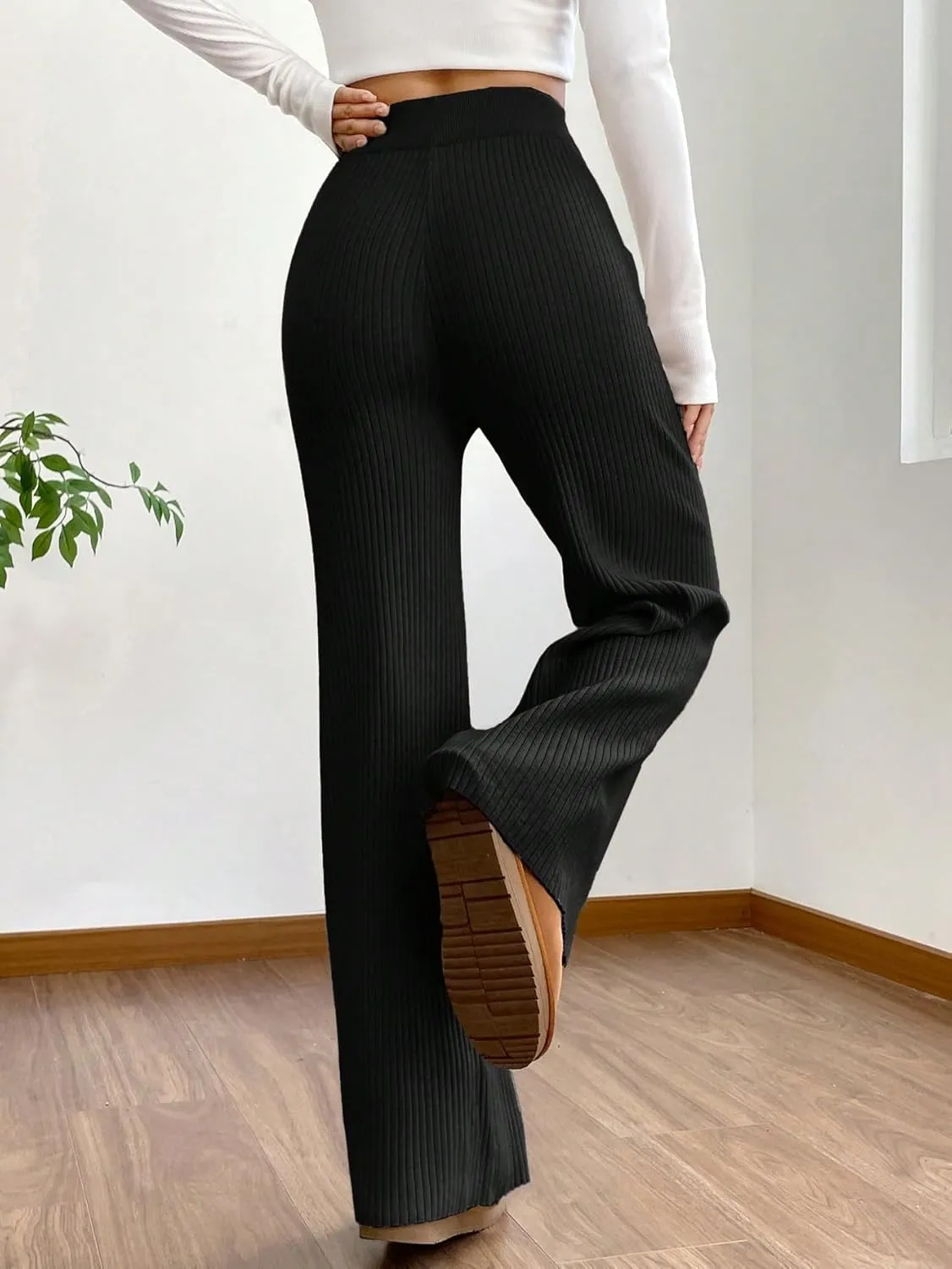 MakeMeChic Women's Wide Leg Pants Ribbed Knit High Waist Casual Lounge Pants