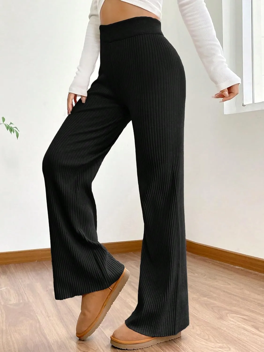MakeMeChic Women's Wide Leg Pants Ribbed Knit High Waist Casual Lounge Pants