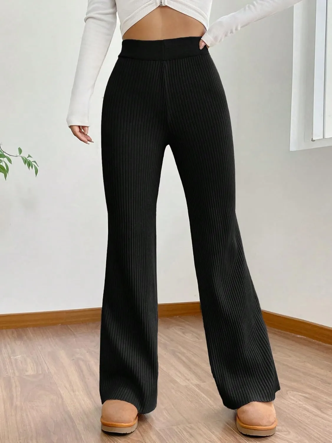 MakeMeChic Women's Wide Leg Pants Ribbed Knit High Waist Casual Lounge Pants
