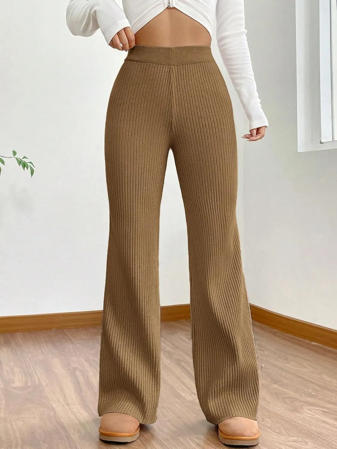 MakeMeChic Women's Wide Leg Pants Ribbed Knit High Waist Casual Lounge Pants