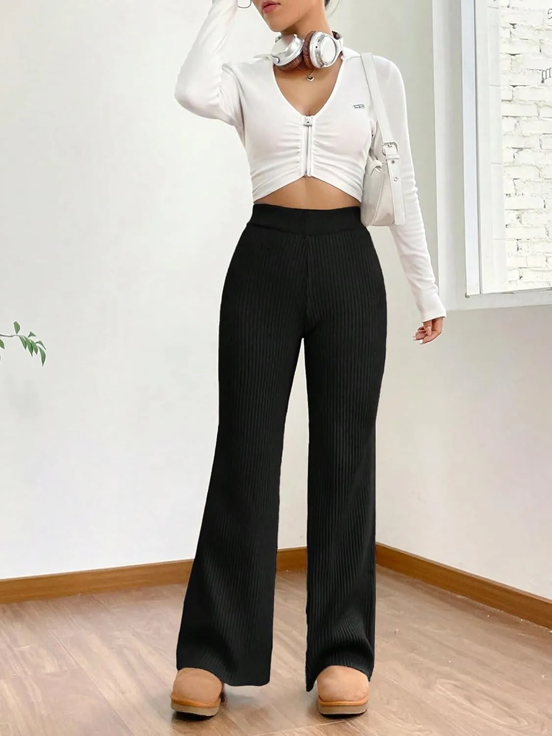 MakeMeChic Women's Wide Leg Pants Ribbed Knit High Waist Casual Lounge Pants
