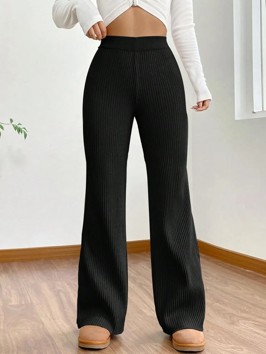 MakeMeChic Women's Wide Leg Pants Ribbed Knit High Waist Casual Lounge Pants