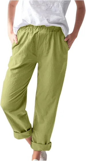 Maryia Linen Pants for Women Summer Casual Elastic Waist Rolled Wide Leg Pants Solid Lounge Beach Trousers