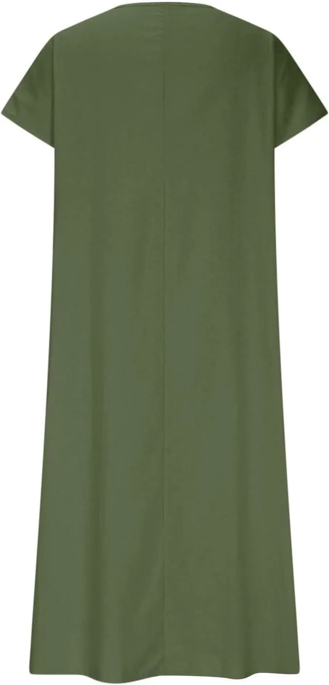 Maxi Linen Dresses for Women 2025 Casual Summer Short Sleeve V Neck Gauze Dress Loose Long Flowy Dresses Vacation