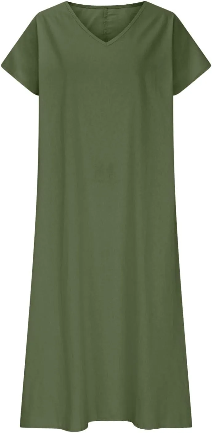 Maxi Linen Dresses for Women 2025 Casual Summer Short Sleeve V Neck Gauze Dress Loose Long Flowy Dresses Vacation