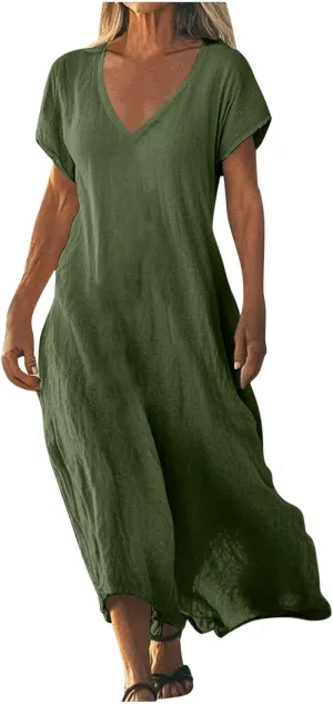 Maxi Linen Dresses for Women 2025 Casual Summer Short Sleeve V Neck Gauze Dress Loose Long Flowy Dresses Vacation