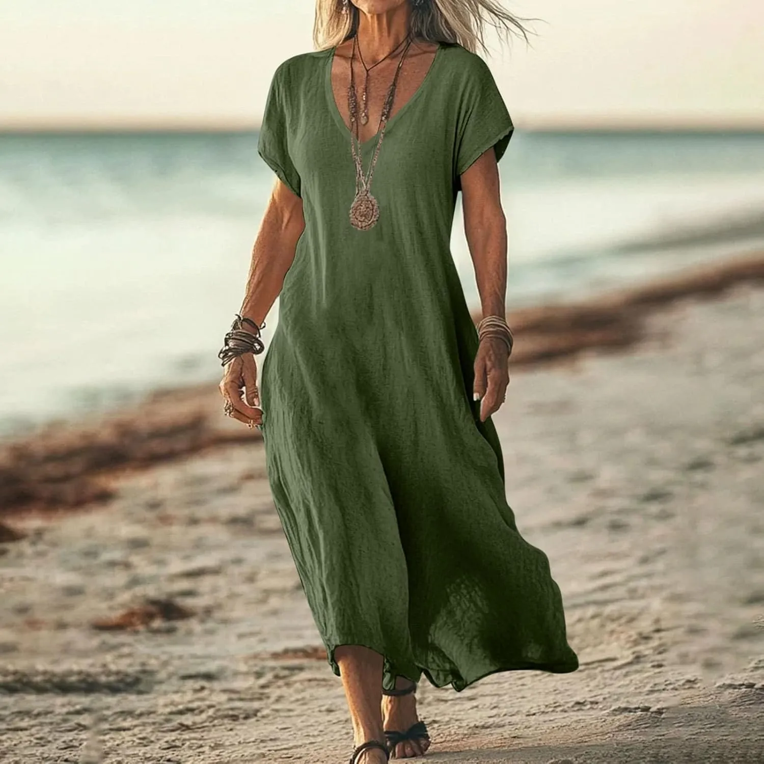 Maxi Linen Dresses for Women 2025 Casual Summer Short Sleeve V Neck Gauze Dress Loose Long Flowy Dresses Vacation