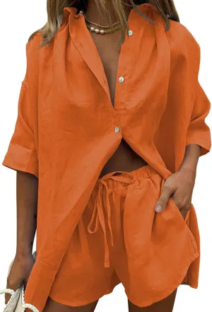 Meenew Women's 2 Piece Outfits Button Down Short Sleeve Shirts and Shorts Set Summer Sweatsuits Loungewear Set