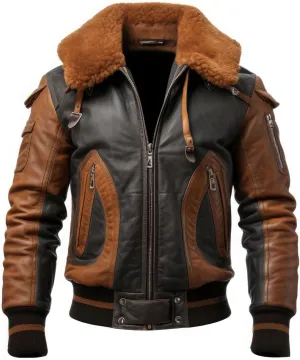 Mens Black Brown Genuine Sheepskin Sherpa Shearling Faux Fur Collar Winter Warm Classy Pilot A2 Leather Jacket