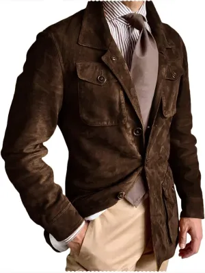Mens Suede Leather Blazer 3 Button Coats Slim Fit Suit Jacket for Wedding Prom