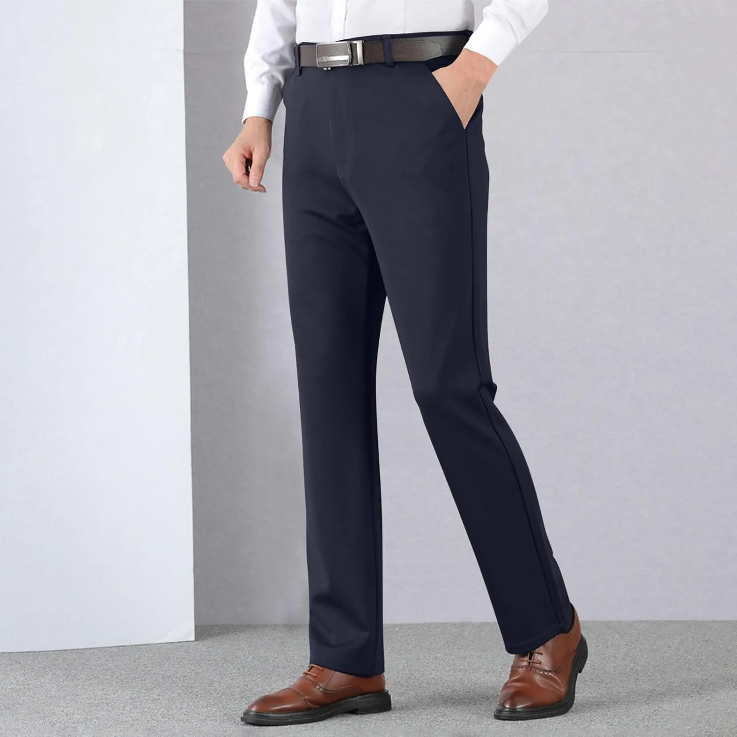 Men's Thicken Dress Pants Flat Front Slim Fit Business Work Pant Casual Straight Leg Suit Trousers with Pockets