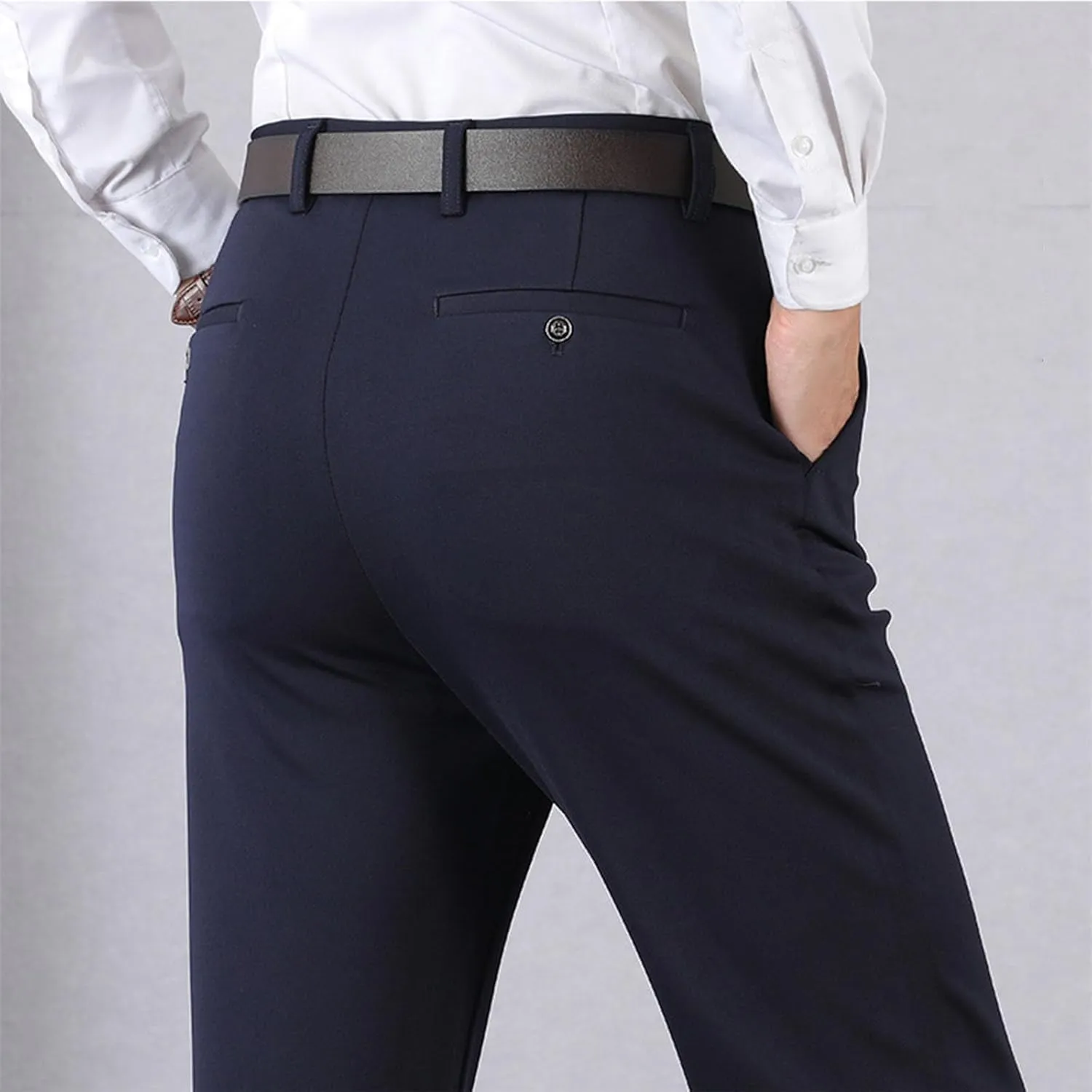 Men's Thicken Dress Pants Flat Front Slim Fit Business Work Pant Casual Straight Leg Suit Trousers with Pockets