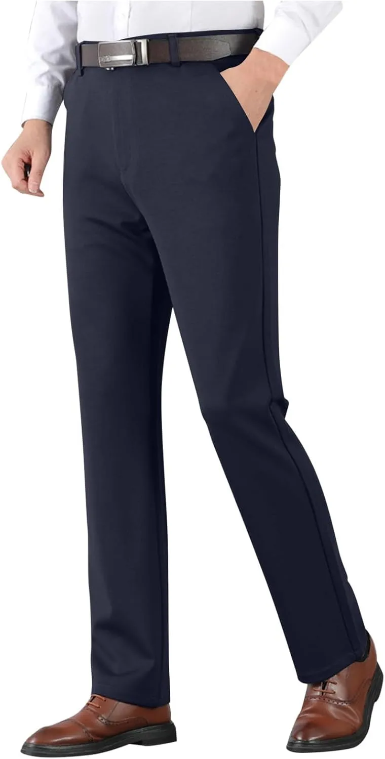 Men's Thicken Dress Pants Flat Front Slim Fit Business Work Pant Casual Straight Leg Suit Trousers with Pockets