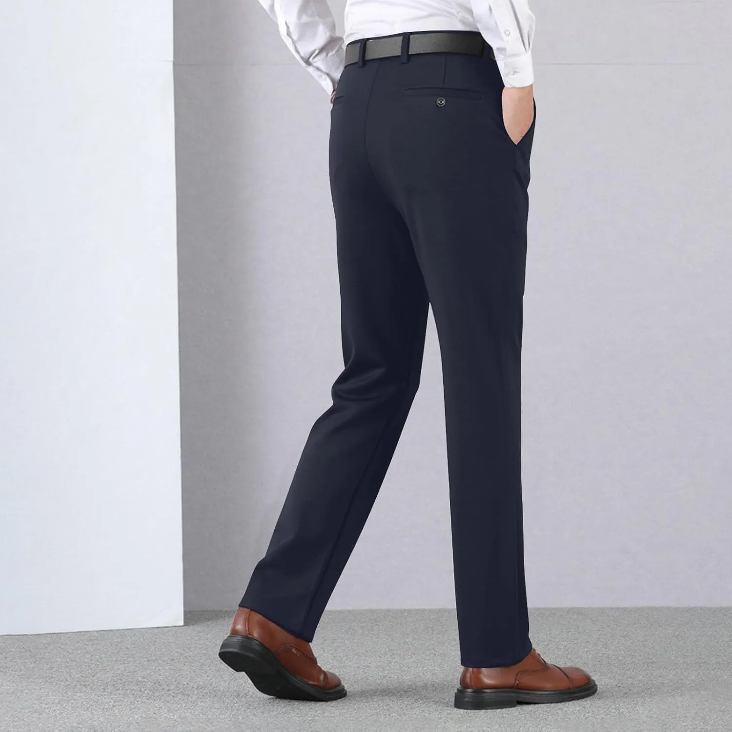 Men's Thicken Dress Pants Flat Front Slim Fit Business Work Pant Casual Straight Leg Suit Trousers with Pockets