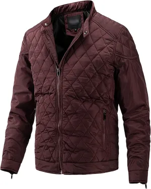 Men's Thin Casual Cotton Jacket Male Diamond Quilted Bike Outwear Men Stand Collar Zip Warm Padded Coats