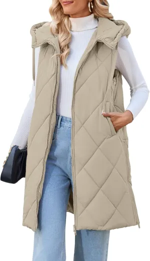MEROKEETY Womens Sleeveless Quilted Long Puffer Vest Hooded Full Zip Jacket Coats with Pockets