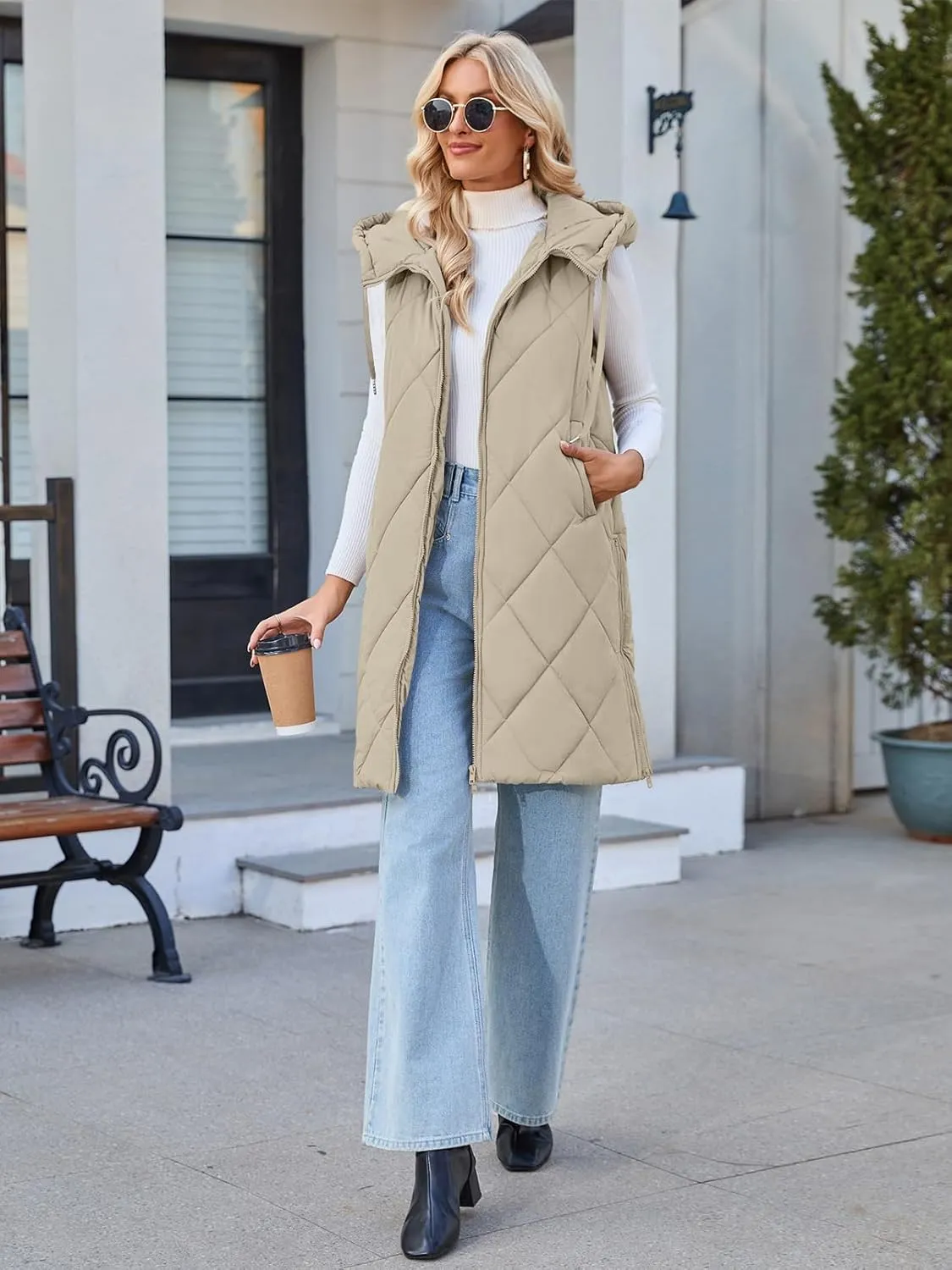 MEROKEETY Womens Sleeveless Quilted Long Puffer Vest Hooded Full Zip Jacket Coats with Pockets
