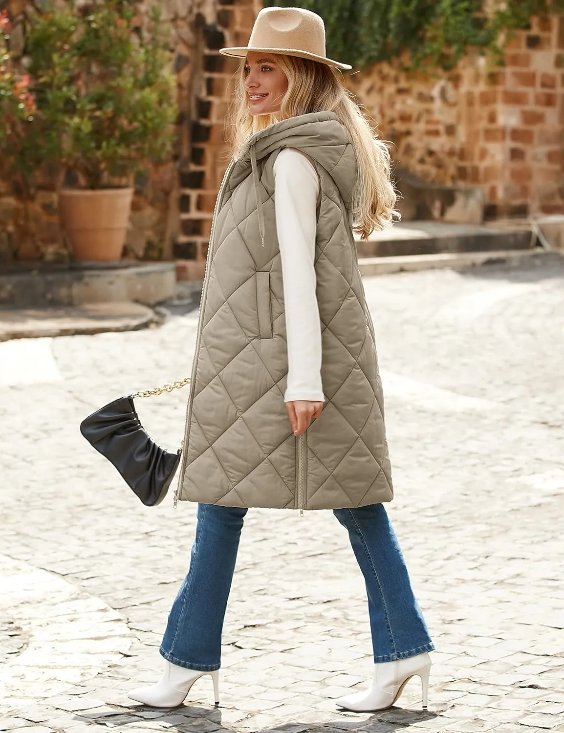 MEROKEETY Womens Sleeveless Quilted Long Puffer Vest Hooded Full Zip Jacket Coats with Pockets