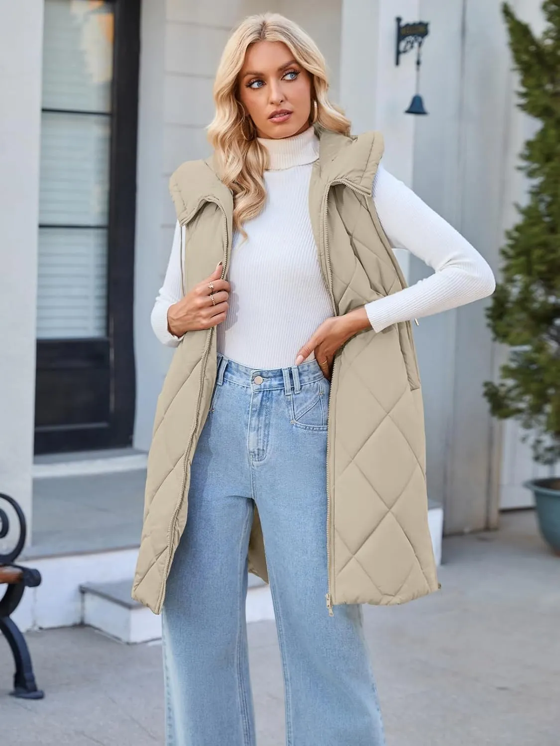 MEROKEETY Womens Sleeveless Quilted Long Puffer Vest Hooded Full Zip Jacket Coats with Pockets