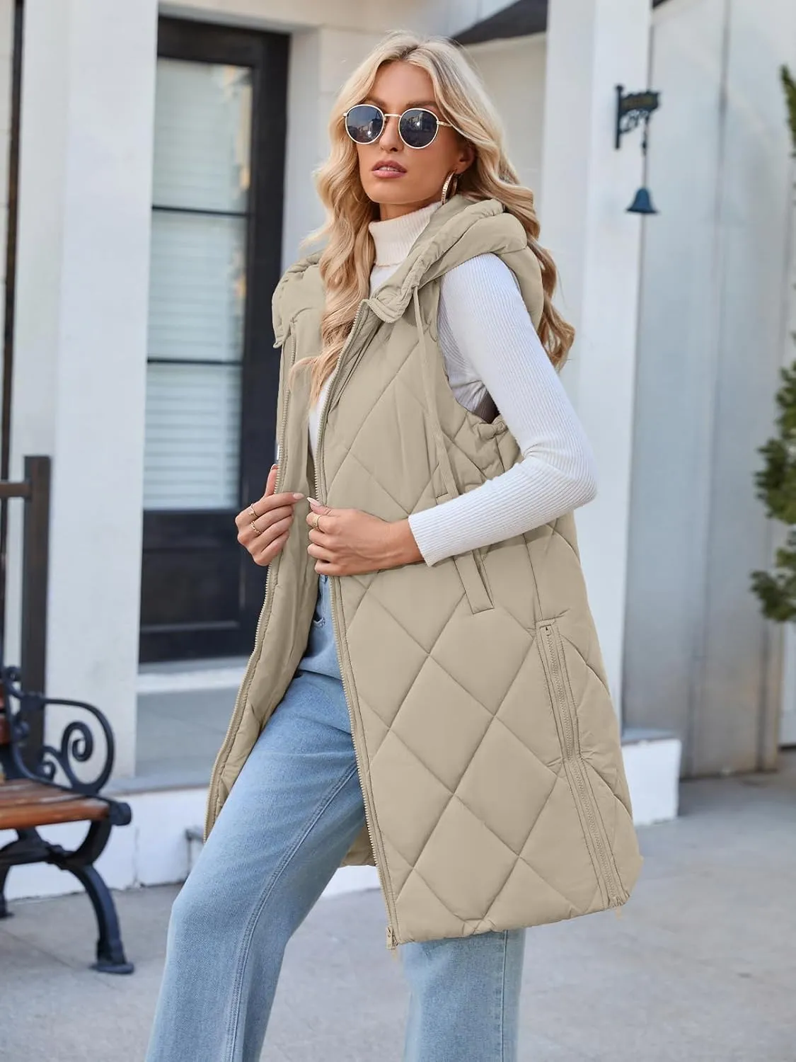 MEROKEETY Womens Sleeveless Quilted Long Puffer Vest Hooded Full Zip Jacket Coats with Pockets