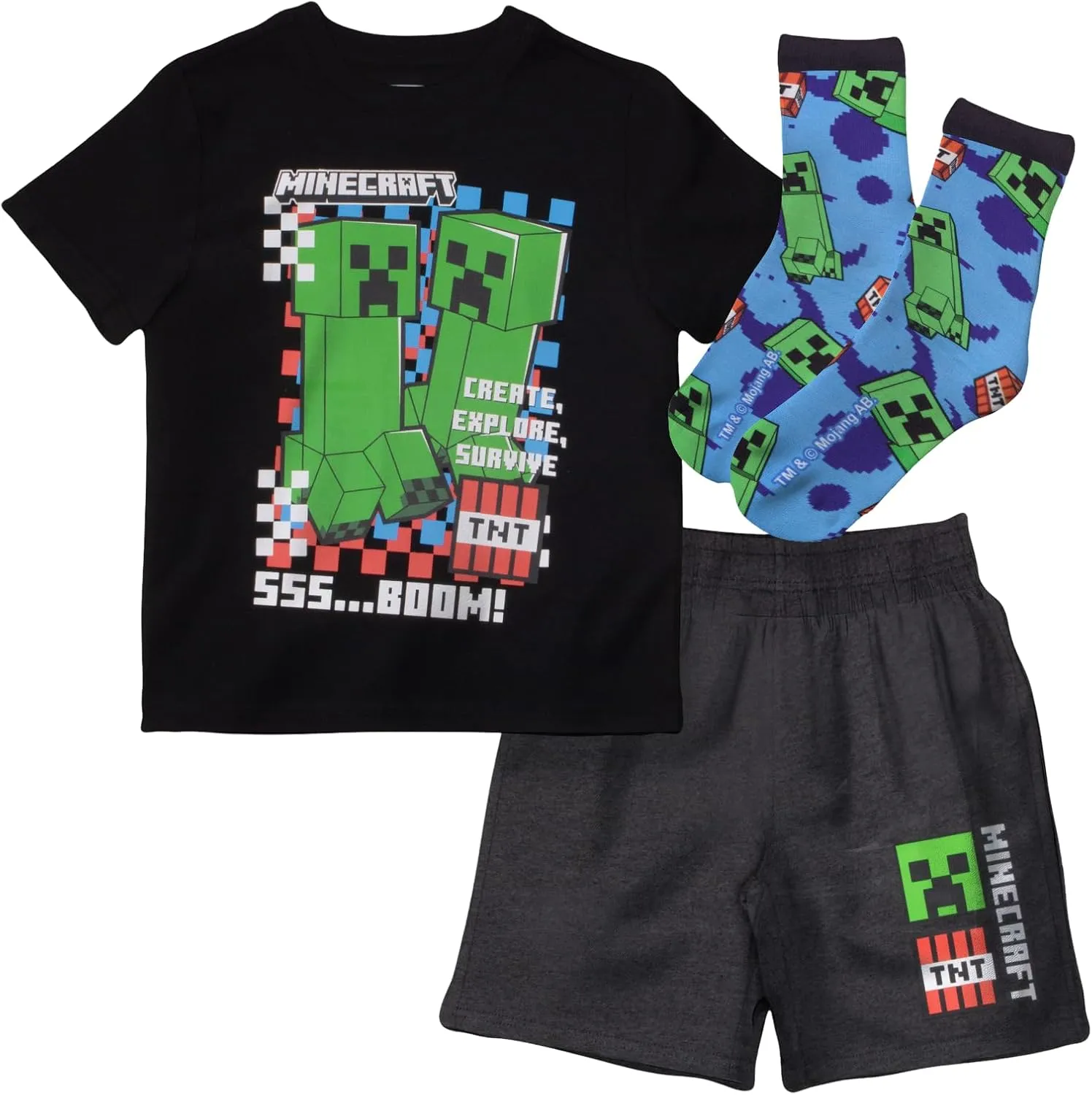 Minecraft Creeper Boys 3-Piece Set - Short Sleeve Graphic T-Shirt, Shorts & Socks - Complete Summer Outfit for Kids