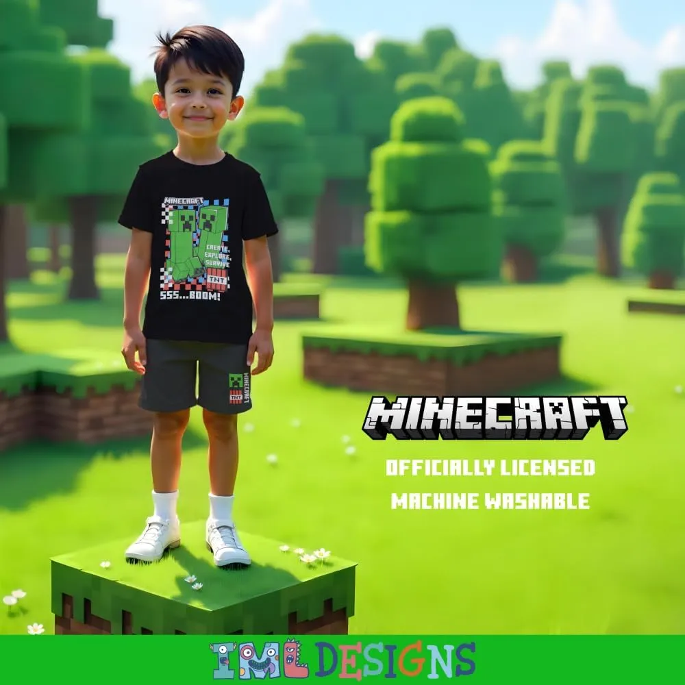 Minecraft Creeper Boys 3-Piece Set - Short Sleeve Graphic T-Shirt, Shorts & Socks - Complete Summer Outfit for Kids