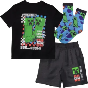 Minecraft Creeper Boys 3-Piece Set - Short Sleeve Graphic T-Shirt, Shorts & Socks - Complete Summer Outfit for Kids