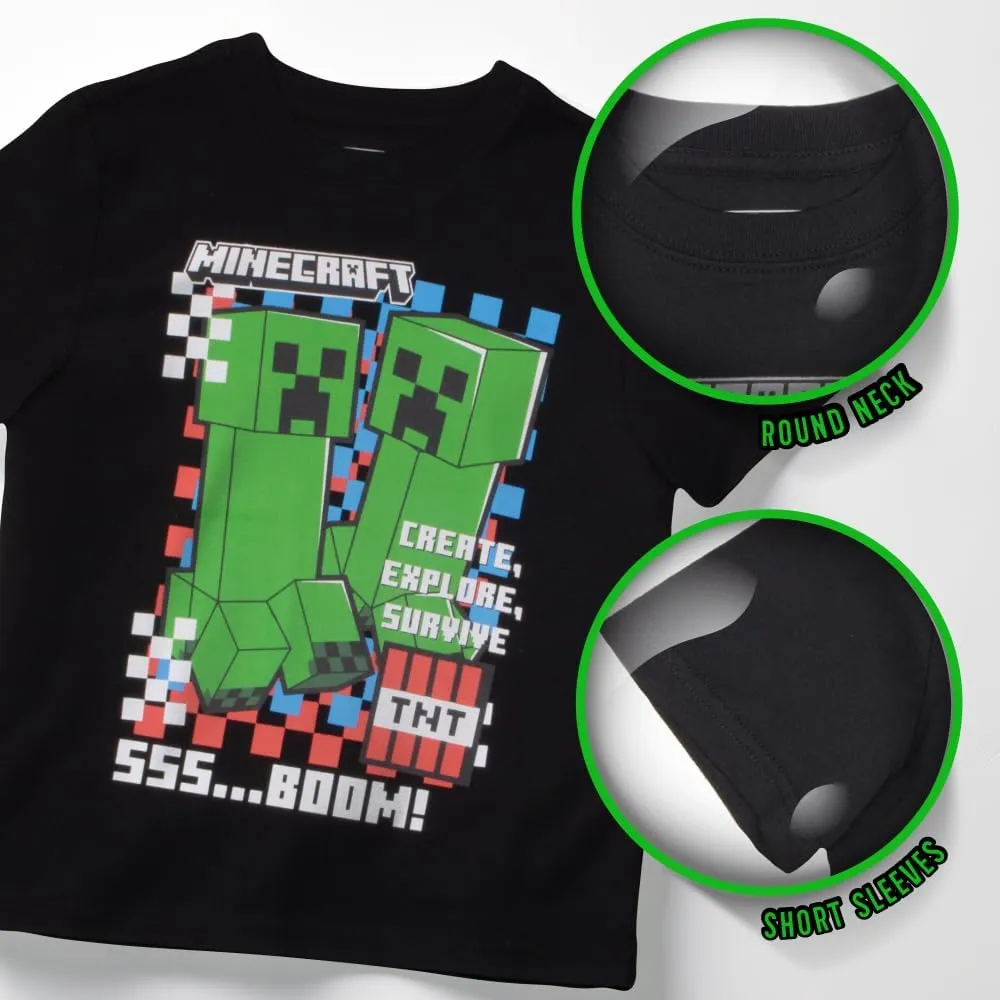 Minecraft Creeper Boys 3-Piece Set - Short Sleeve Graphic T-Shirt, Shorts & Socks - Complete Summer Outfit for Kids