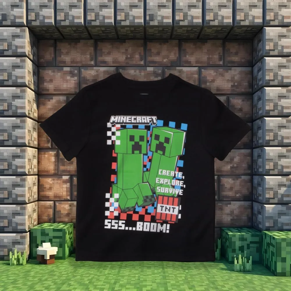 Minecraft Creeper Boys 3-Piece Set - Short Sleeve Graphic T-Shirt, Shorts & Socks - Complete Summer Outfit for Kids