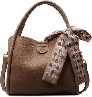Mini Bucket Bag with Decorative Scarf Vintage Crossbody Handbag Leather Shoulder Purse for Women