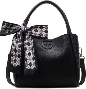 Mini Bucket Bag with Decorative Scarf Vintage Crossbody Handbag Leather Shoulder Purse for Women