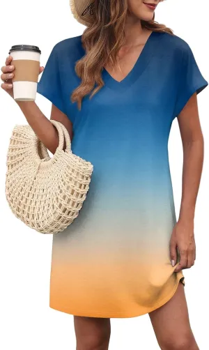 Mini Dresses for Women Short Sleeve V Neck Tie Dye Party Dress Trendy Casual Summer Sundress Vacation Beach Sundresses