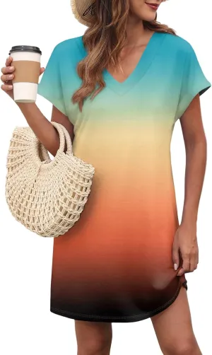 Mini Dresses for Women Short Sleeve V Neck Tie Dye Party Dress Trendy Casual Summer Sundress Vacation Beach Sundresses