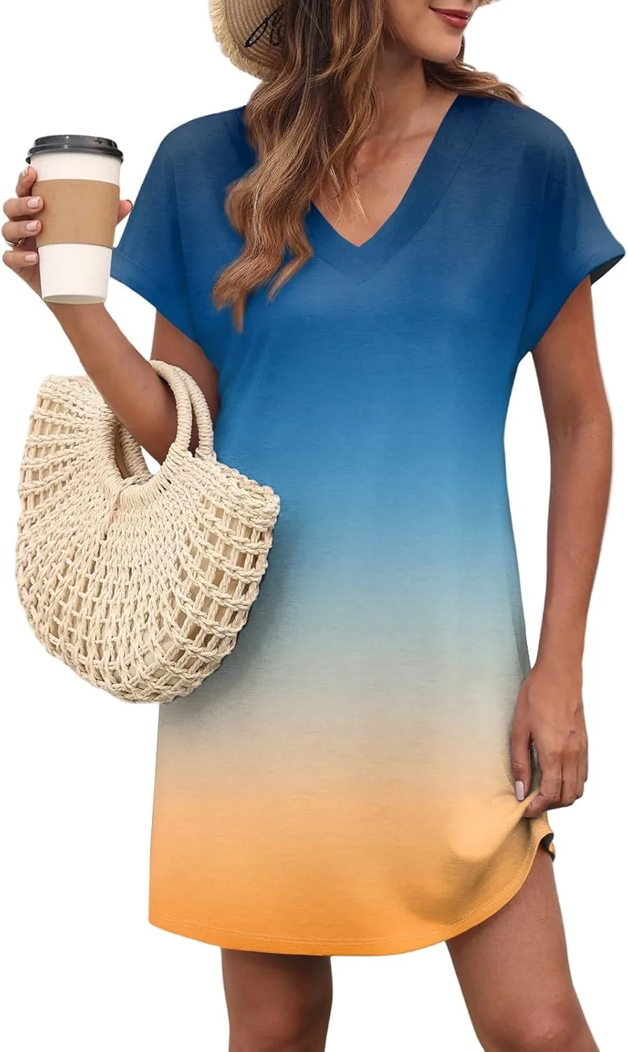 Mini Dresses for Women Short Sleeve V Neck Tie Dye Party Dress Trendy Casual Summer Sundress Vacation Beach Sundresses