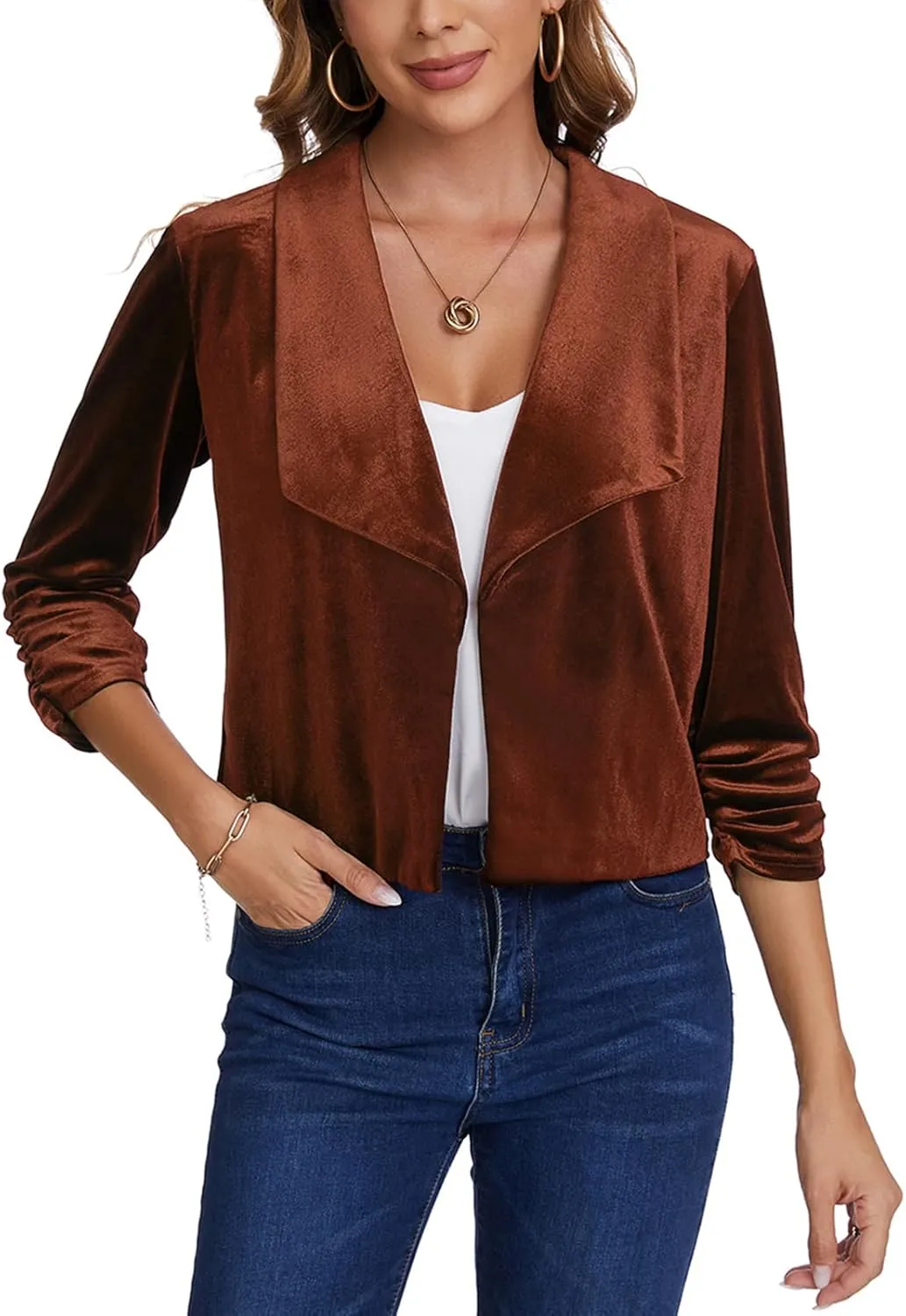 MINTLIMIT Women's Casual Velvet Blazer Jackets 3/4 Ruched Sleeve Shawl Collar Draped Open Front Fall Velvet Blazers