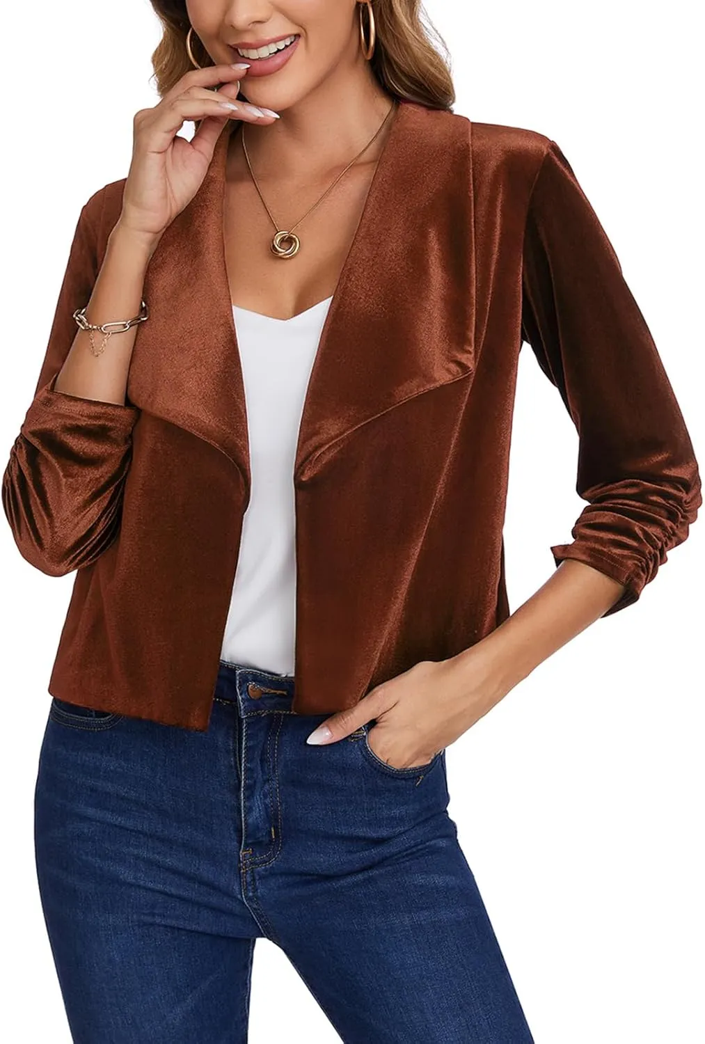 MINTLIMIT Women's Casual Velvet Blazer Jackets 3/4 Ruched Sleeve Shawl Collar Draped Open Front Fall Velvet Blazers