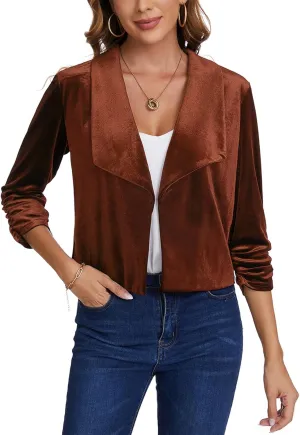 MINTLIMIT Women's Casual Velvet Blazer Jackets 3/4 Ruched Sleeve Shawl Collar Draped Open Front Fall Velvet Blazers