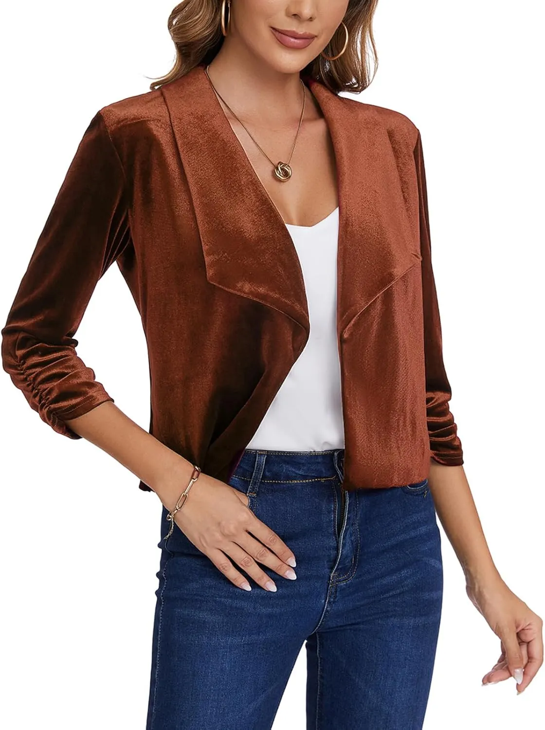 MINTLIMIT Women's Casual Velvet Blazer Jackets 3/4 Ruched Sleeve Shawl Collar Draped Open Front Fall Velvet Blazers