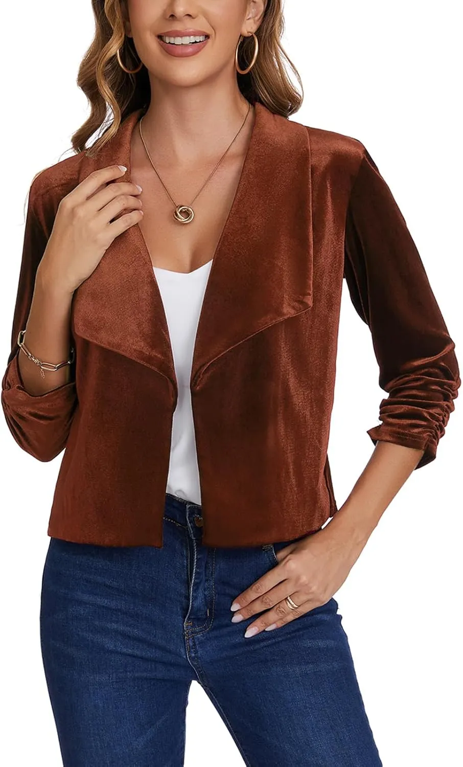 MINTLIMIT Women's Casual Velvet Blazer Jackets 3/4 Ruched Sleeve Shawl Collar Draped Open Front Fall Velvet Blazers
