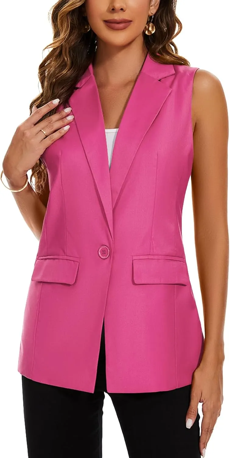 MINTLIMIT Womens Casual Vest Sleeveless Blazer Button Front Jacket Office Fully Lined Notched Lapel Long Blazers with Pockets