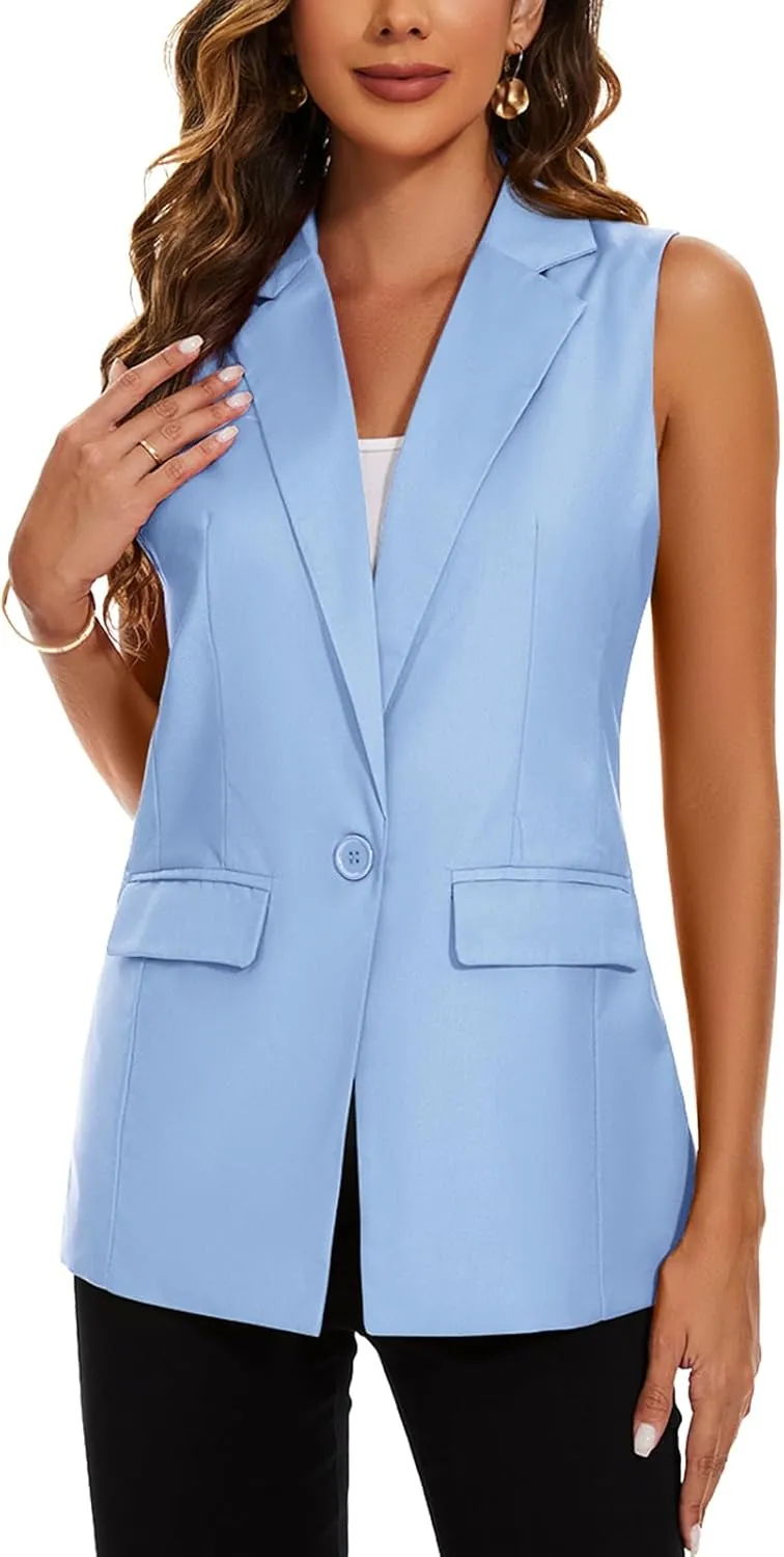 MINTLIMIT Womens Casual Vest Sleeveless Blazer Button Front Jacket Office Fully Lined Notched Lapel Long Blazers with Pockets
