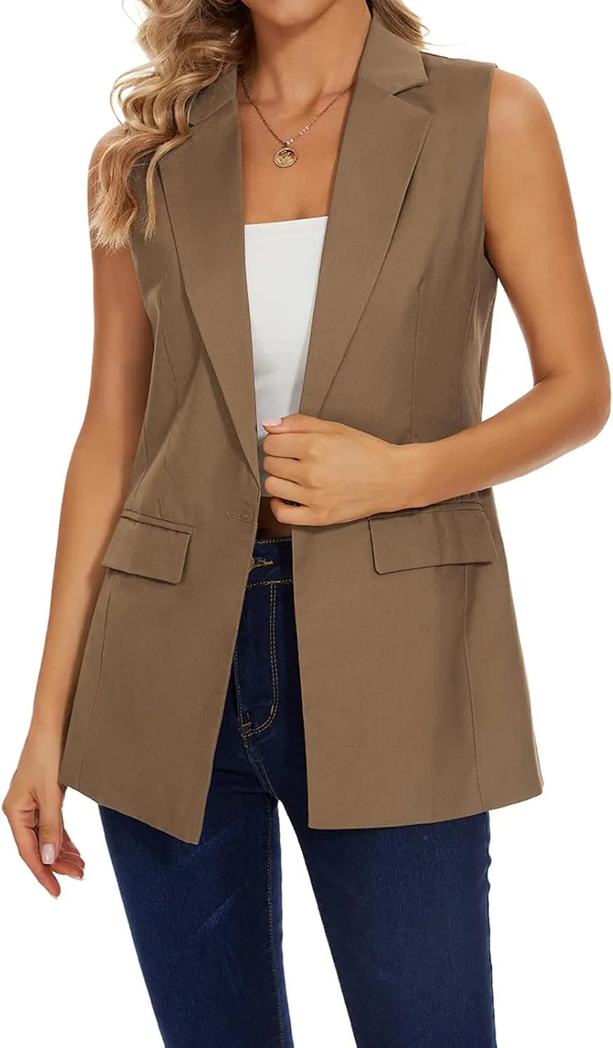 MINTLIMIT Womens Casual Vest Sleeveless Blazer Button Front Jacket Office Fully Lined Notched Lapel Long Blazers with Pockets
