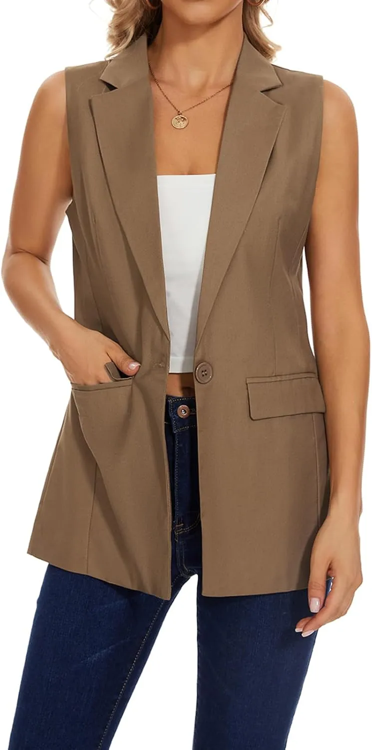 MINTLIMIT Womens Casual Vest Sleeveless Blazer Button Front Jacket Office Fully Lined Notched Lapel Long Blazers with Pockets