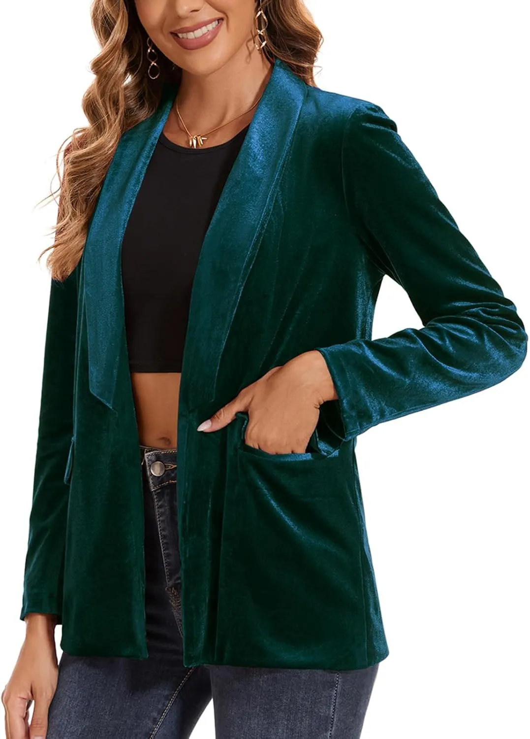 MINTLIMIT Women's Velvet Blazer Lightweight Long Sleeve Jacket Shawl Lapel Open Front Casual Blazers with Pockets