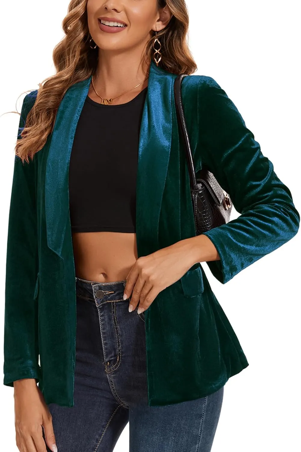 MINTLIMIT Women's Velvet Blazer Lightweight Long Sleeve Jacket Shawl Lapel Open Front Casual Blazers with Pockets
