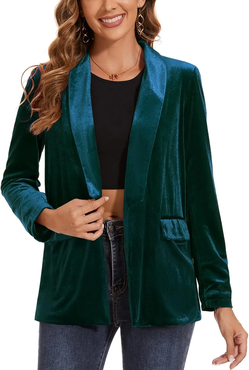MINTLIMIT Women's Velvet Blazer Lightweight Long Sleeve Jacket Shawl Lapel Open Front Casual Blazers with Pockets